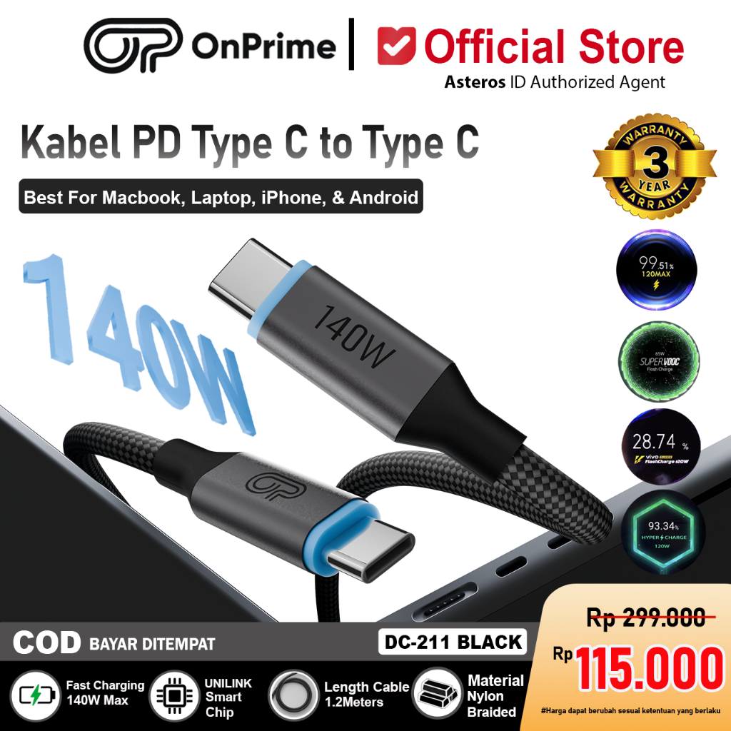 Jual ONPRIME UNILINK Kabel Type C To Type C Fast Charging 140W Laptop ...