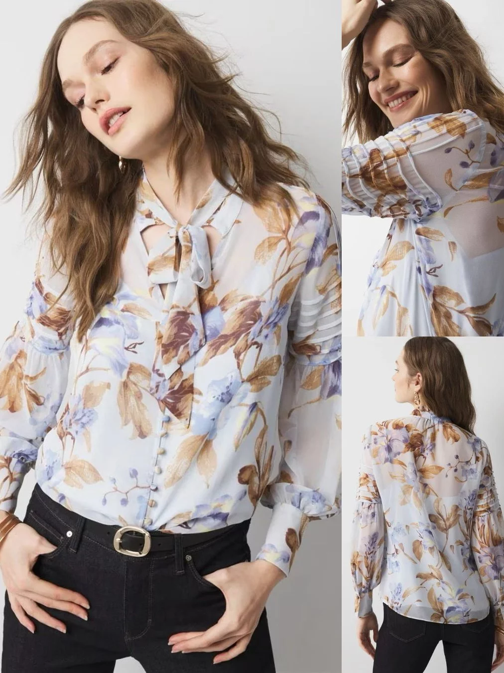 Blouse Lengan Panjang Wanita Motif Floral Bahan Sifon Nerawang  Tie-Neck Chiffon Blouse - WB-2196