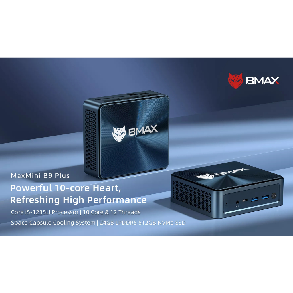 MiniPC BMAX B9 Plus 2026 Intel Core i5 1235U Gen12 24GB LPDDR5 512GB SSD NVMe WiFi6 HDMI Windows 11 Pro