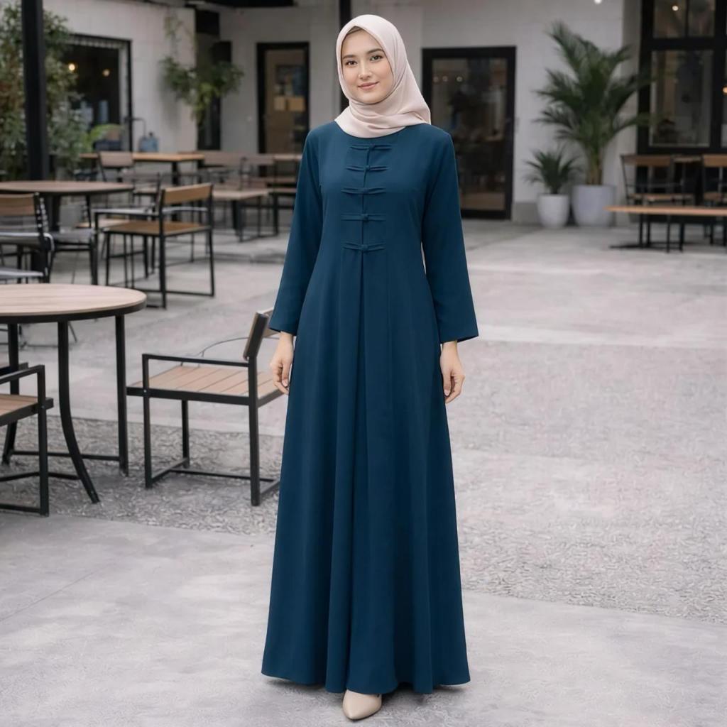 Abaya Cheongsam Gamis Wanita Elegan Polos  – Dress Muslimah Modern Minimalis , Bahan Sabrina Anti UV Flowy Adem, Cocok Kondangan & Daily