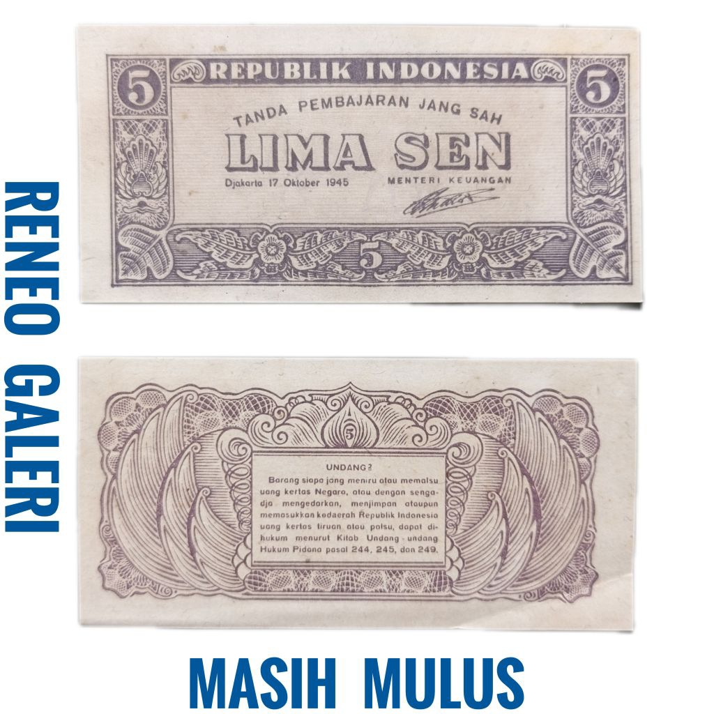 Jual Mulus asli 5 Sen Seri ORI Tahun 1945 Uang kertas kuno duit jadul ...
