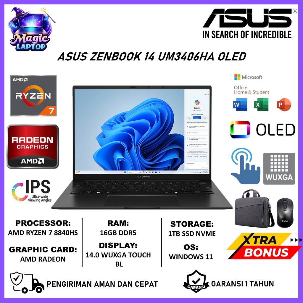 Jual Laptop Asus Zenbook 14 UM3406HA AMD RYZEN 7 8840HS DDR5 16GB 1TB ...
