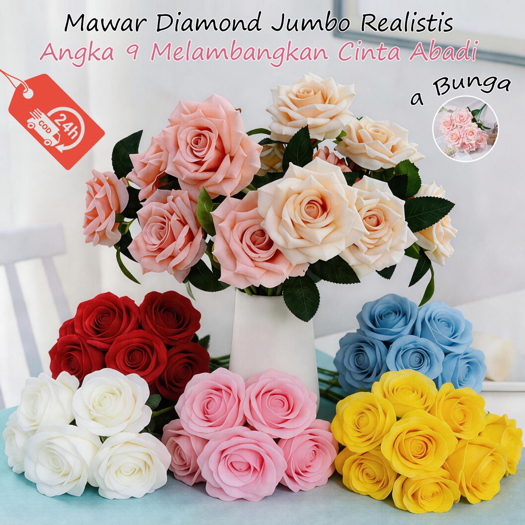Jual Buket 9 Bunga Artificial Premium Diamond Mawar Rose Plastik Bunga ...