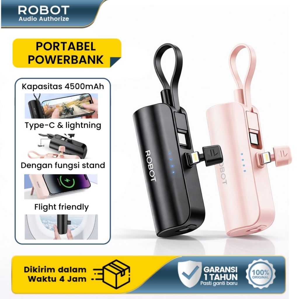 ROBOT Mini Powerbank Fast Charging iPhone Type C Portable Power Bank 4500mAh Pawerbank Kapsul Kabel Data Tipe C Lightning Travel Size Pengisi Daya Cepat RP-051L / RP-051C Garansi