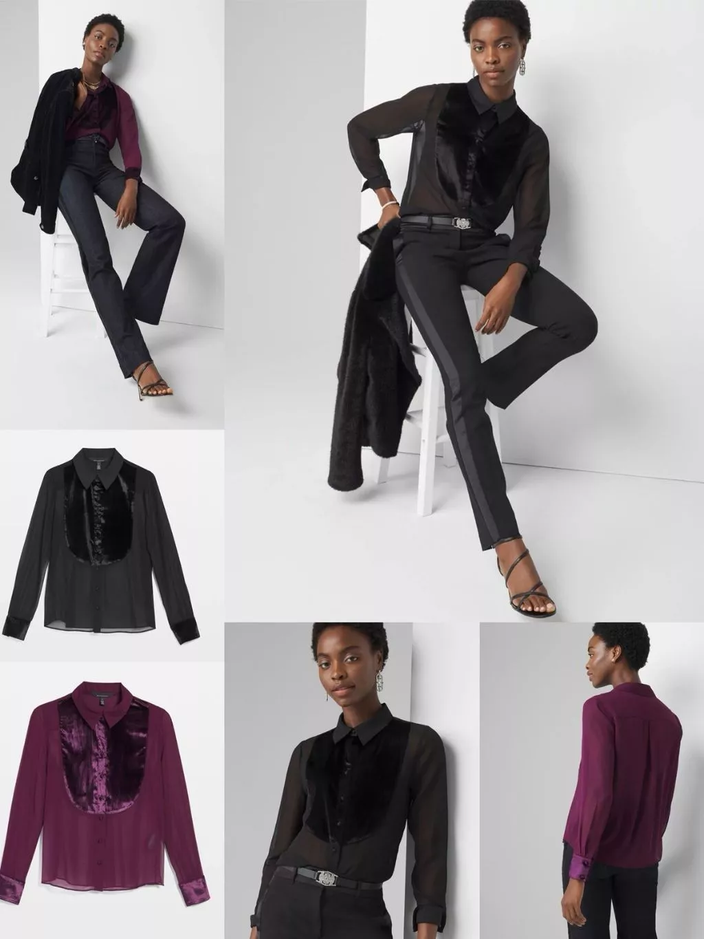 Atasan Lengan Panjang Wanita WB Women's Velvet & Chiffon Tuxedo Shirt - 2296