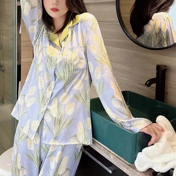 Set Piyama Wanita Gaya Minimalis Motif Tulip Baju Tidur Satin Import Homewear Set PD006