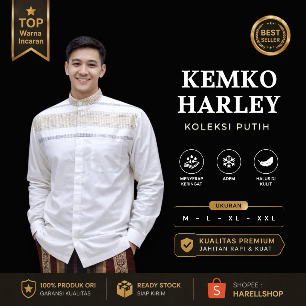 Baju Koko Pria Premium Katun Import Kemko Harley Koleksi Putih Lengan Panjang Adem Nyaman Motif Elegan