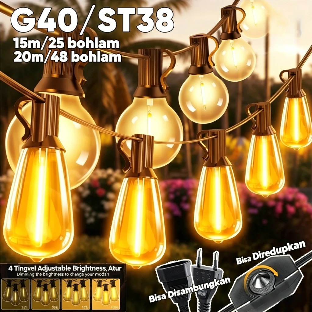 Jual Lampu String LED Outdoor Tahan Air 20 Meter Plug G40 ST38 Dekorasi ...