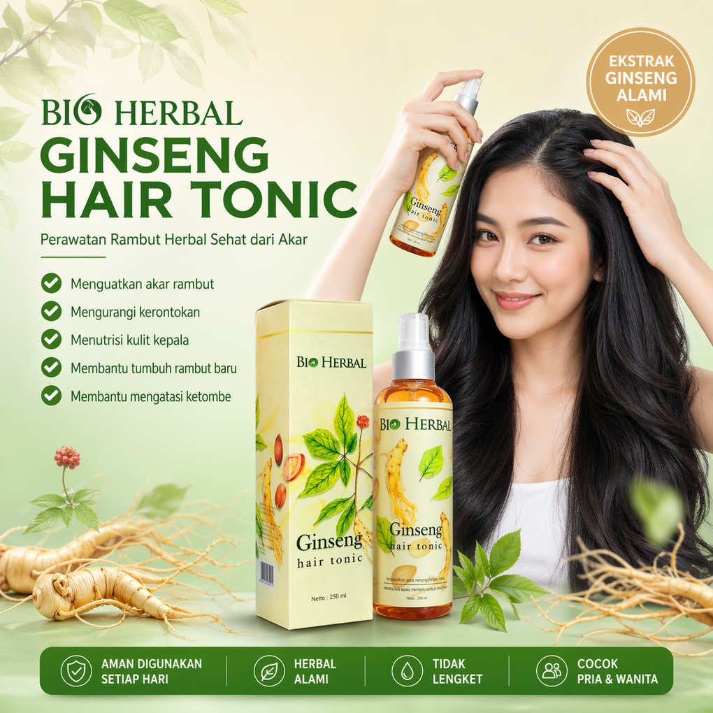 Jual Bio Herbal Ginseng Hair Tonic 250ml Penumbuh Rambut Herbal Anti ...