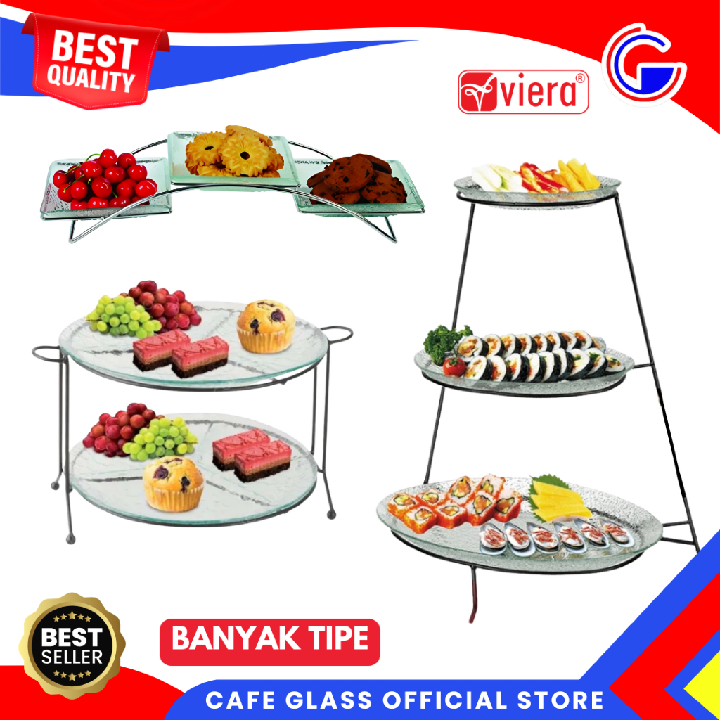 Viera Serving Tray Prasmanan Set - Piring Saji Kaca Oval Rak Susun - Tempat Kue Cake Stand Display Glass