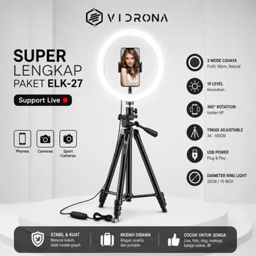 VIDRONA Ring Light LED 26CM Tripod 1 Meter Paket Komplit Konten Kreator Live Stream ELK 27