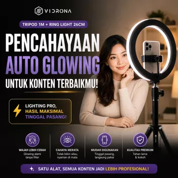 VIDRONA Ring Light LED 26CM Tripod 1 Meter Paket Komplit Konten Kreator Live Stream ELK 27
