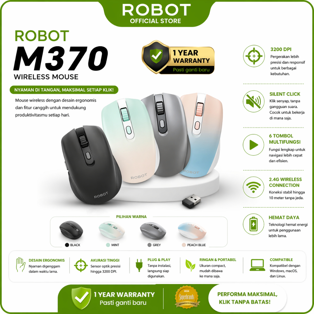Jual ROBOT M370 Mouse Wireless 2.4GHz Silent Klik Optical 3200 Dpi ...