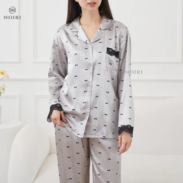 NOIRI Piyama Wanita Blue Bear Bunny Coquette Satin Premium Baju Tidur Lengan Panjang Elegan