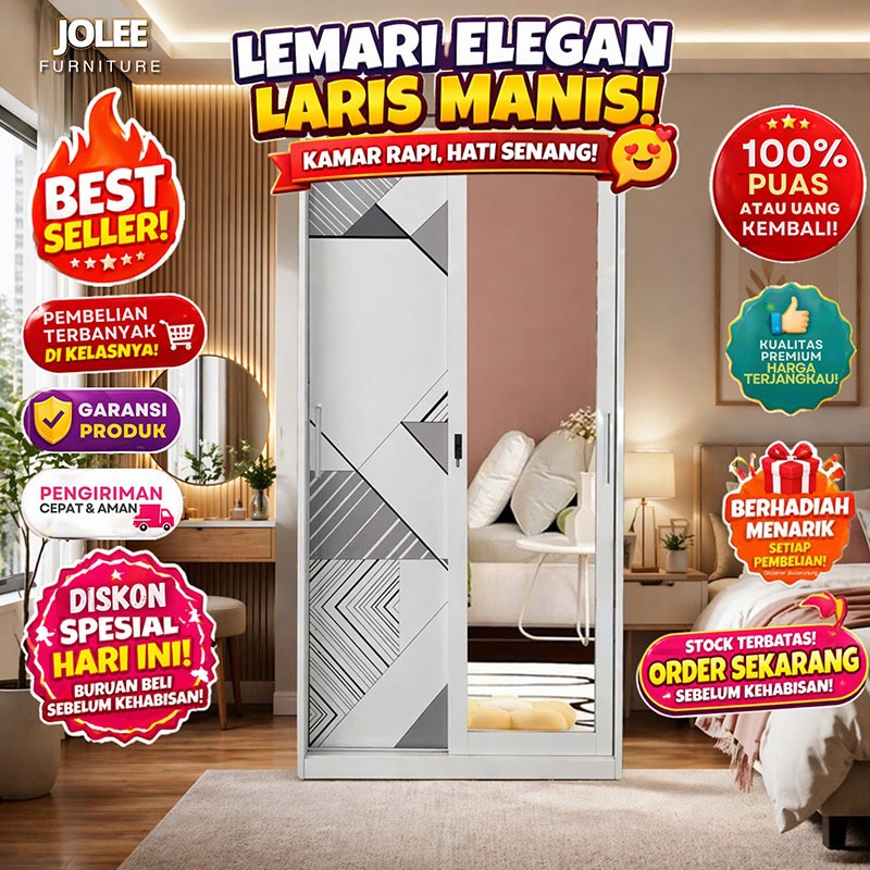 JOLEE FURNITURE- Lemari Pakaian Besi Lemari Pakaian 90cm 2 pintu slidding 1 Hanger Cermin Minimalis