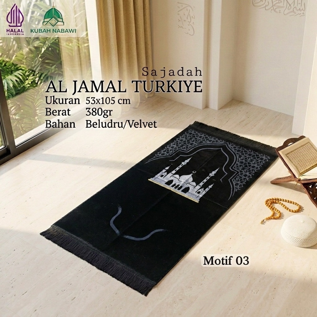 AL JAMAL TURKIYE Black Series 53x105cm Dewasa| Sajadah Turki Premium Beludru Halus Tebal Empuk| Kado