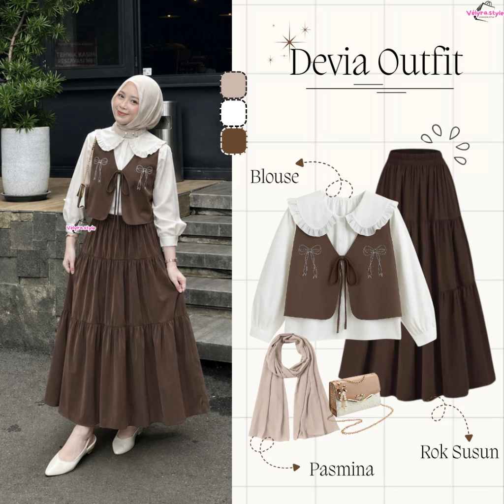 Setelan Outfit Wanita Kekinian 3IN1(Blouse,Rok Rufle,Hijab)Ootd Simple Desain Chic Bahan Adem VS11R