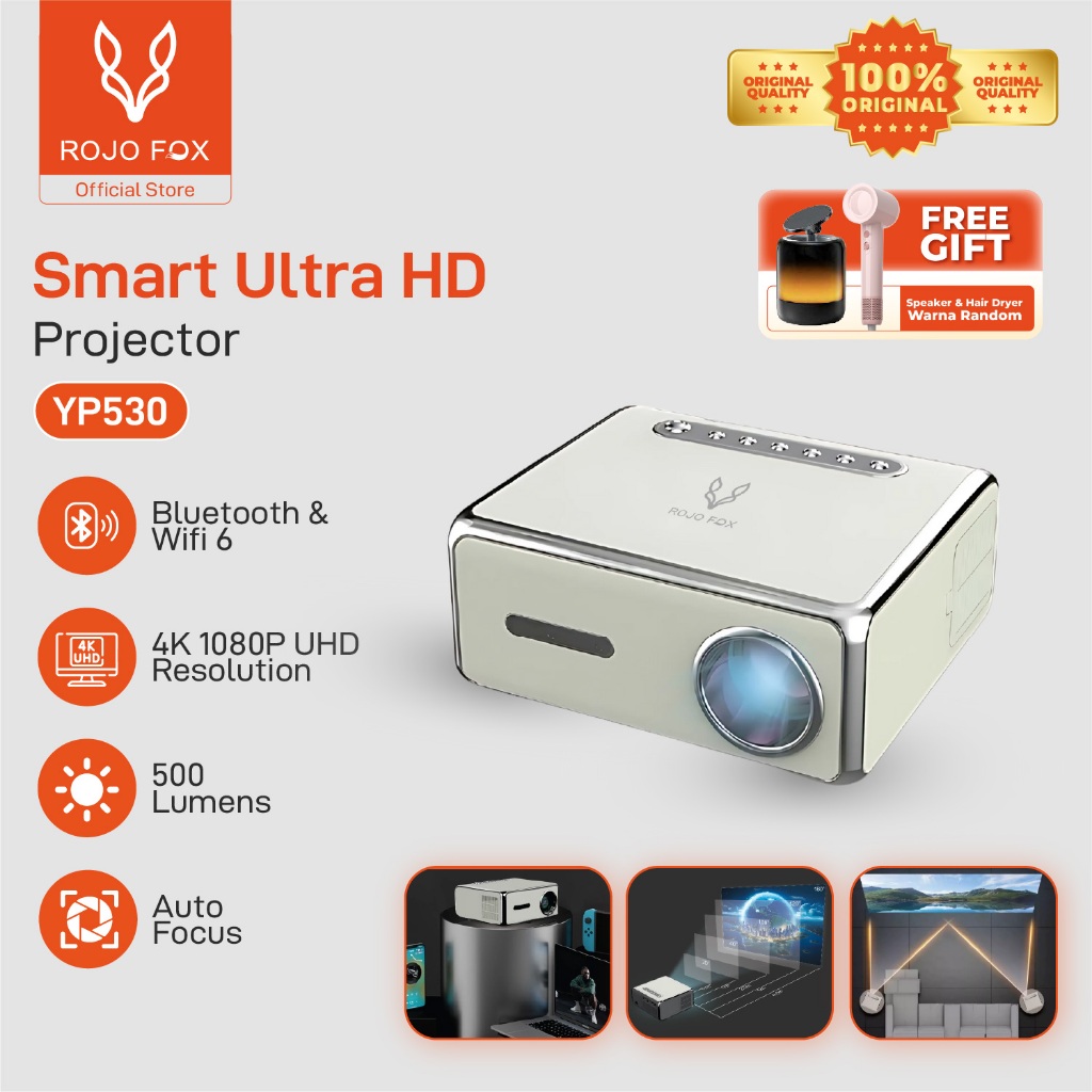 Jual ROJO FOX Android Smart Projector YP530 | 4K Full HD 1080P | Auto ...
