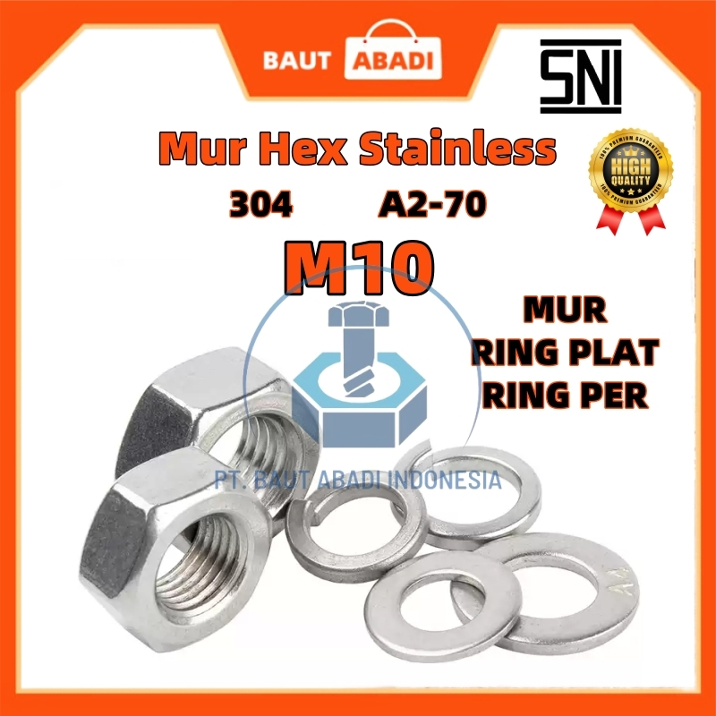 Jual Mur Hex Stainless Steel M10 SS 304 A2-70 / Ring plat SUS 304 Ring ...