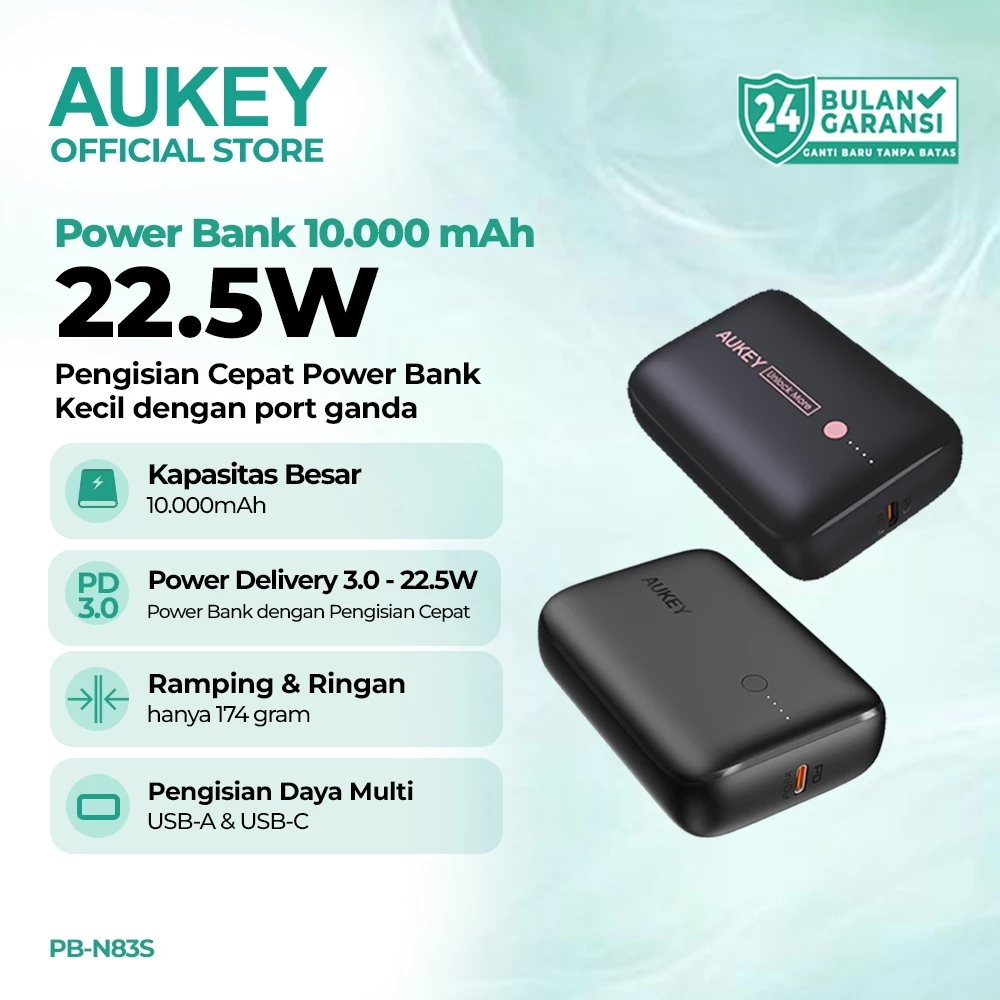 AUKEY Powerbank 10000mAh USB-C 22.5W PD Fast Charging iPhone Samsung Laptop Original Garansi PB-N83S - foto 1
