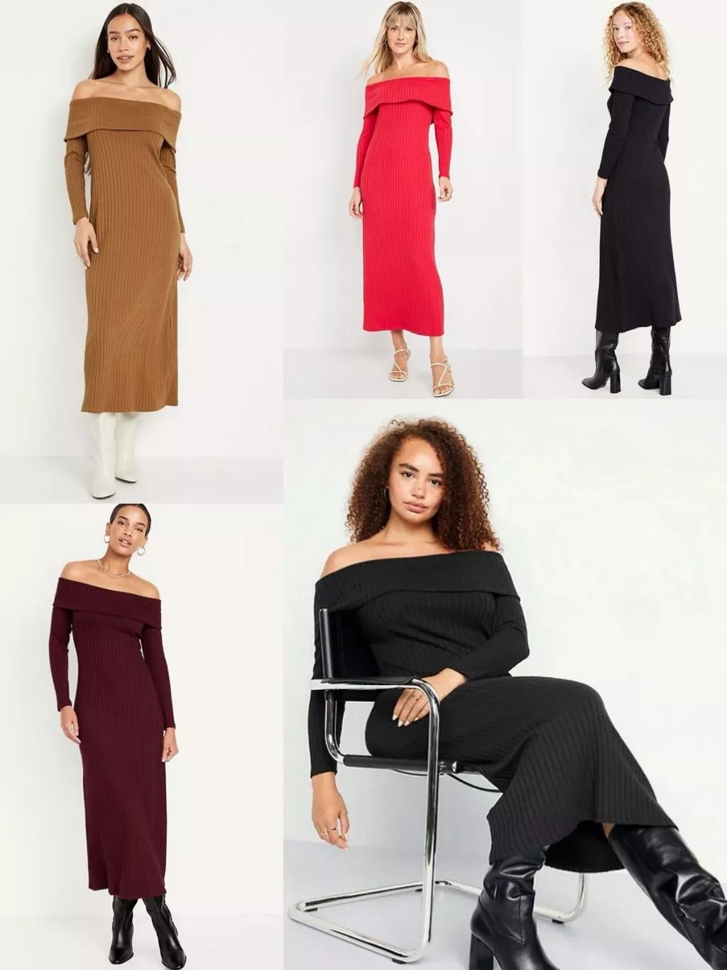 Dress Panjang Wanita Model Sabrina Bahan Rib OLN Off-Shoulder Rib-Knit Maxi Dress - 2405
