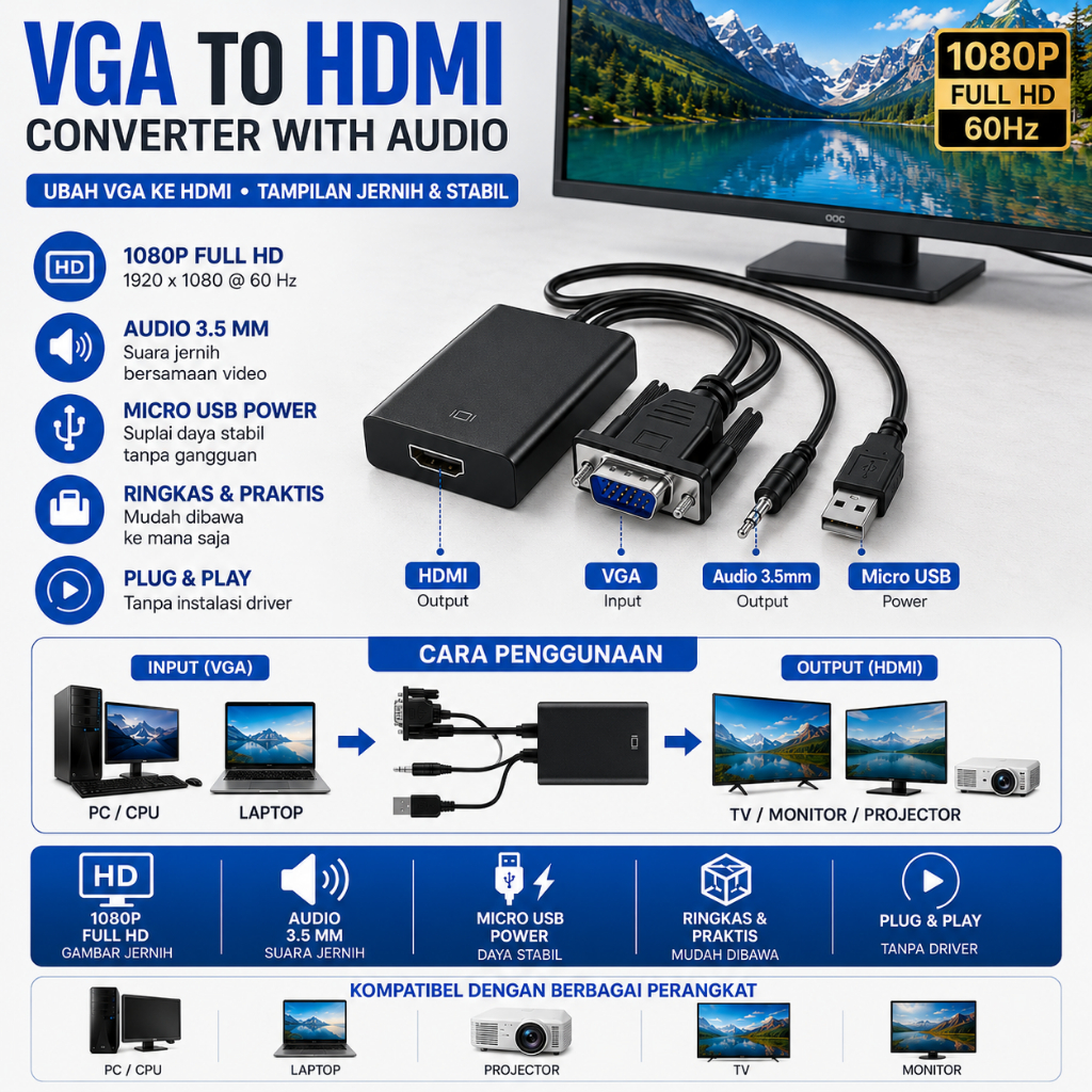 Jual Adapter COnverter VGA Ke HDMI 1080P 60Hz Dengan Audio 3.5mm Micro ...
