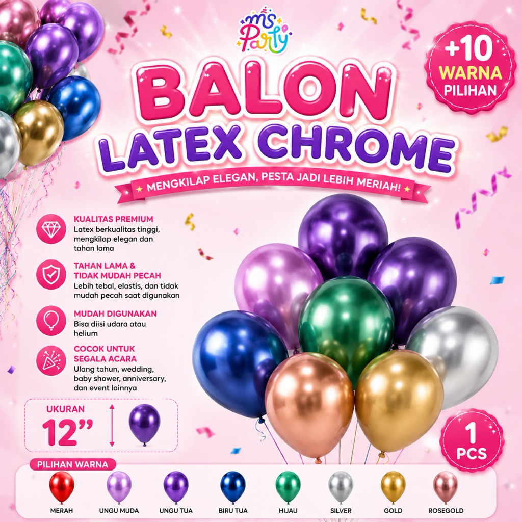 MS.PARTY BALON LATEX CHROME ULANG TAHUN 12 INCH/ BALON MURAH