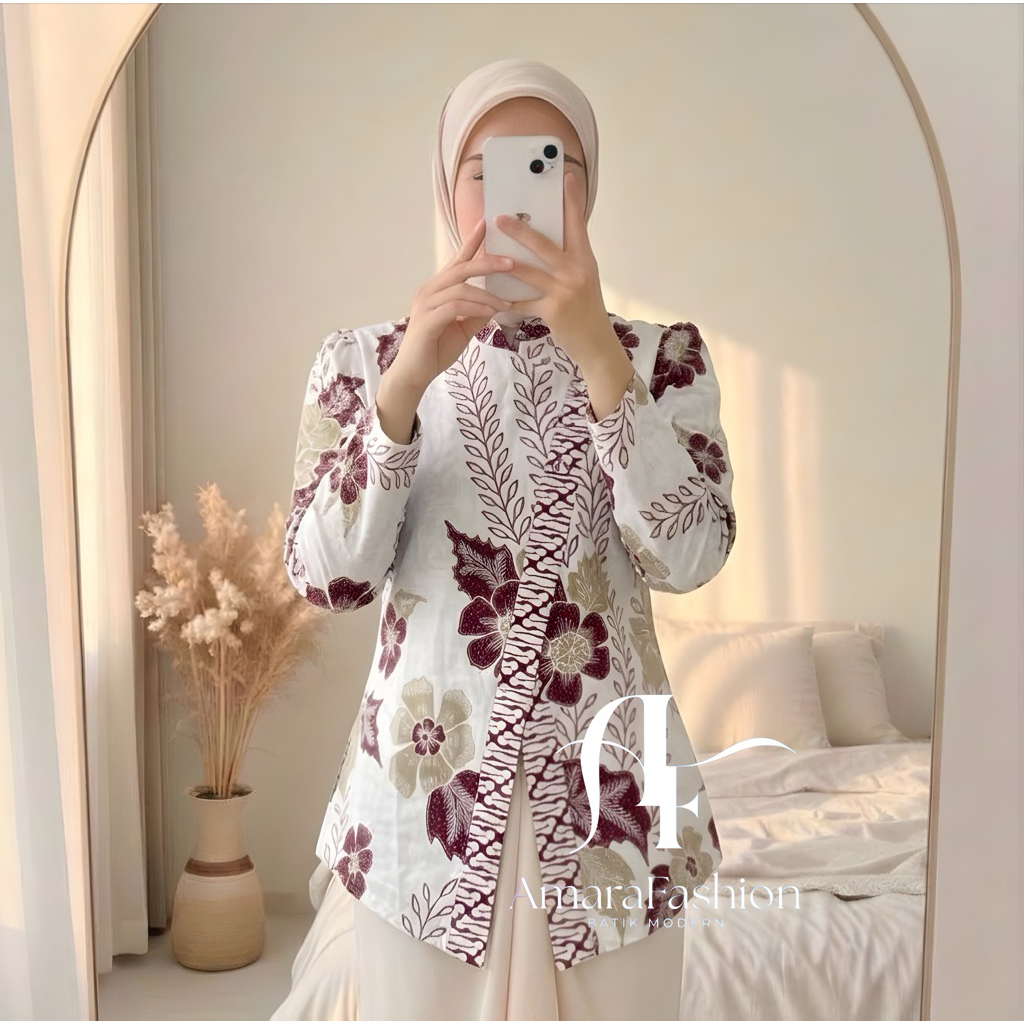 Atasan Batik Puff Sleeve Wanita Kekinian - Blouse Batik Kantor Elegant - Motif Bunga