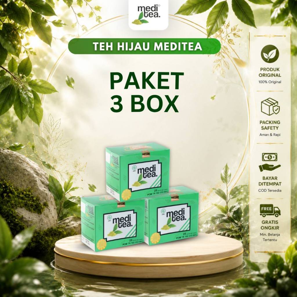 Paket 3 Box - Meditea - Teh Hijau Herbal Anti Kanker Benjolan Tumor Diabaetes Kolesterol Asam Urat Detok