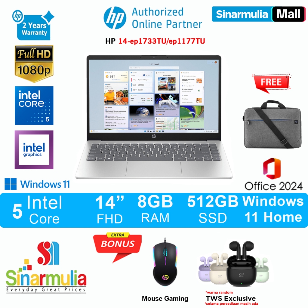HP 14 Core 5 120U 512GB SSD 8GB FHD Win11+OHS - ep1733TU/ep1177TU