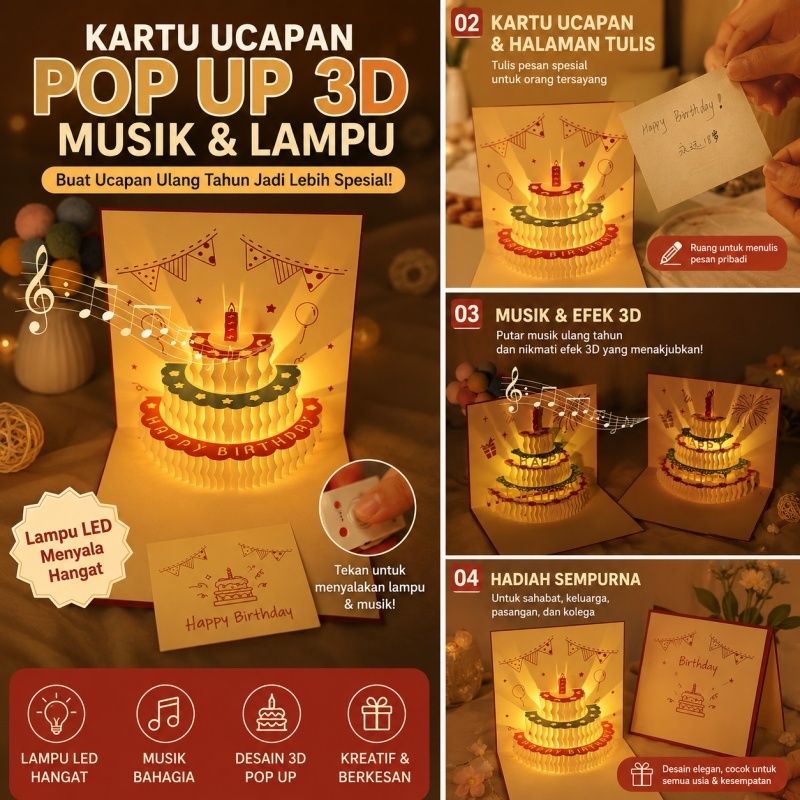Kartu Ucapan Ulang Tahun Pop Up 3D Musik & Lampu LED Birthday Card Kreatif Hadiah Romantis dengan Efek Cahaya