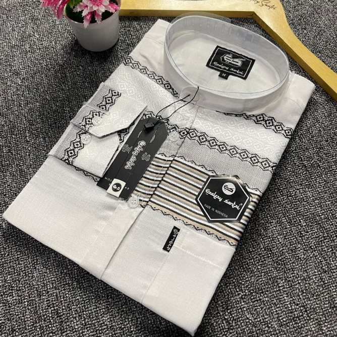Galery Santri Baju Koko Pria Lengan Panjang Kerah Sanghai Motif Salur Katun Madinah