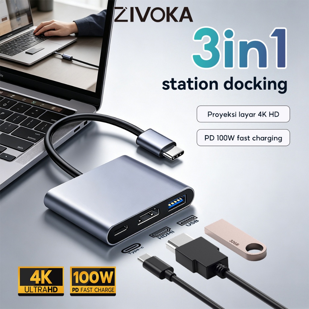 Jual (Rilis eksklusif)ZIVOKA ZHB31 3-in-1 Type-C Hub Adapter 4K HDMI ...