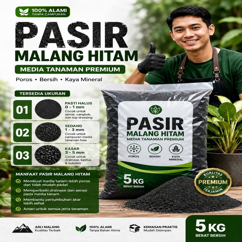 Media Tanam 5 kg-Pasir Malang Hitam Pengganti Tanah Organik-Tanaman Subur Cepat
