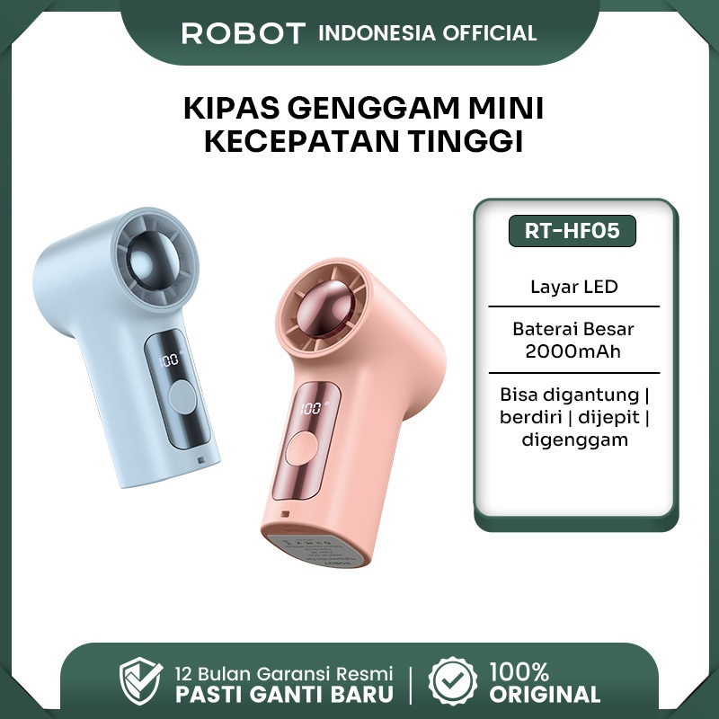 ROBOT Mini Fan Portable 2000mAh 100 Level Angin LED Display Handheld Clip Desk Fan RT-HF05 Original – Garansi 1 Tahun