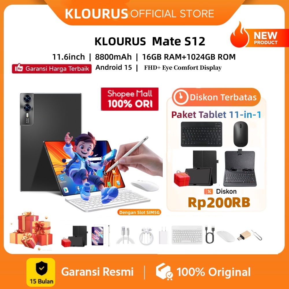 ​​[Free Keyboard+Mouse+Case]KLOURUS Tablet MateS12 (16GB + 1024GB) Android 15 | IPS 11.6" | Tablet Murah untuk Belajar,Gaming, Kerja & Hiburan | 5G Dual SIM, WiFi Tablet Anak, Kamera 48MP | Kapasitas baterai besar 8800mAh [KLOURUS Official Store]​