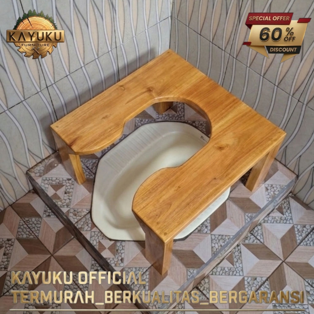 WC Duduk Portable Praktis dengan Bahan Kayu Mahoni Tebal dan Tahan Lama Kursi Toilet Duduk Portable Ibu Hamil Lansia Stroke Model A12 Vernis Natural