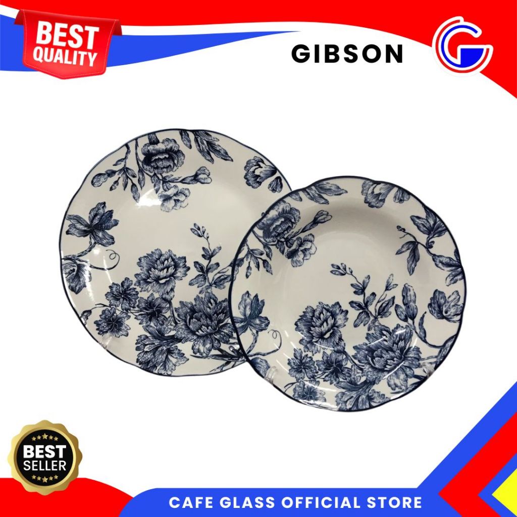 Dinner Set Keramik Gibson - Piring Keramik Aesthetic Motif Bunga Biru - Keramik Tableware Blue Floral