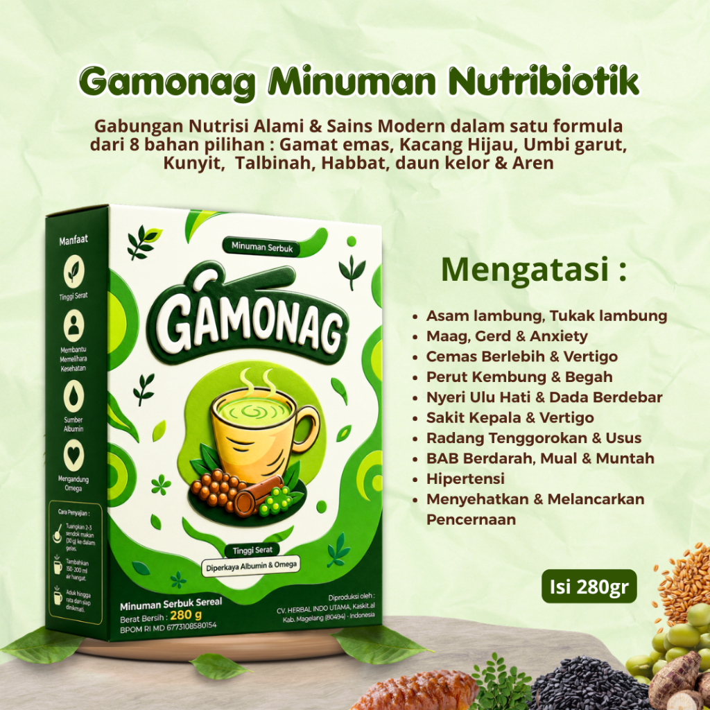 Gamonag 280gram Minuman Nutribiotik Asam Lambung Kronis Umbi Garut Talbinah Kacang Hijau Original 1 Box