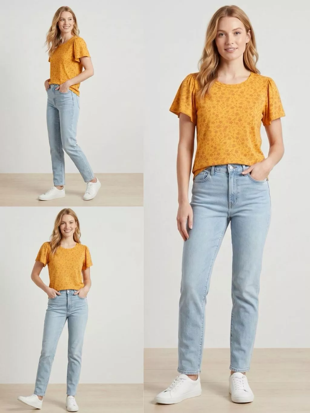 Kaos Lengan Pendek Wanita SNM Women's Yellow Floral Print Flutter Sleeve T-shirt - 2548