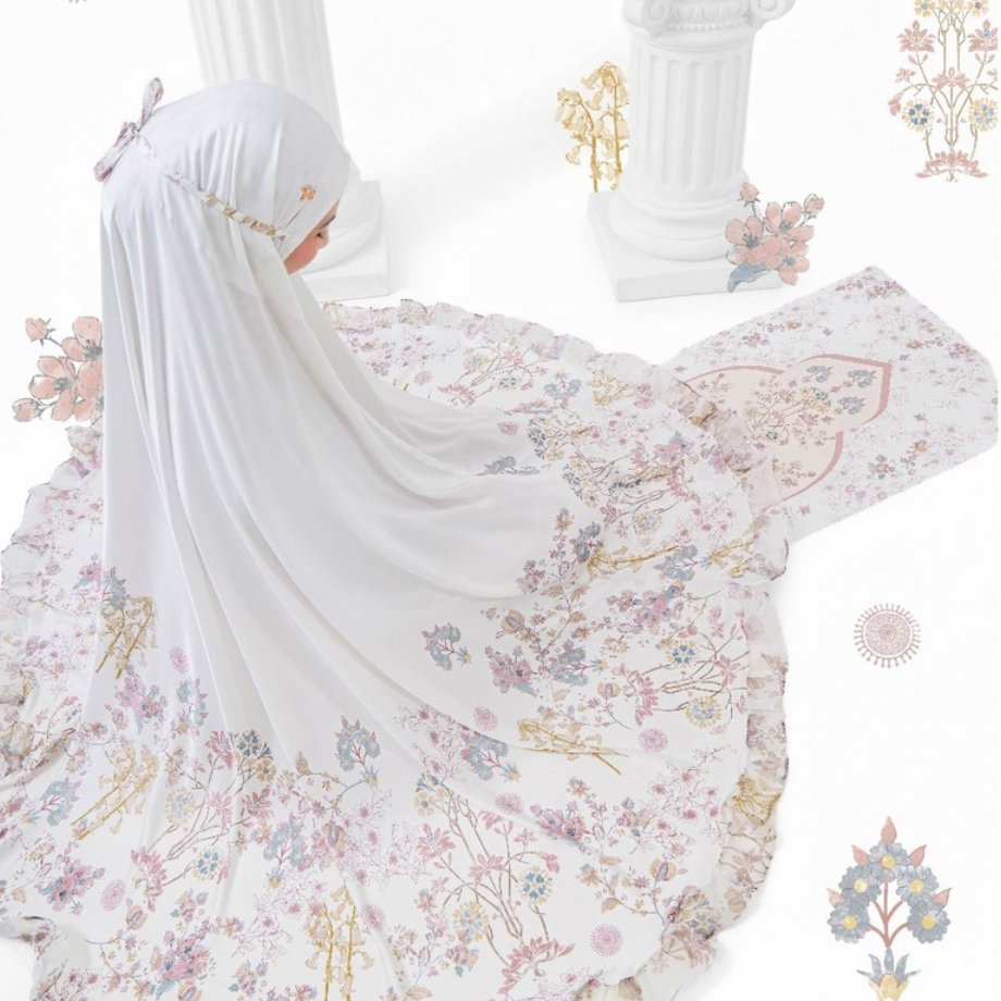 VESELKA Iznik Beyaz Mukena Travel Dewasa Motif Printing Sajadah Mahar Pernikahan Hampers Box Satin Silky Seserahan Signature Prayer Set Robe Jumbo Travelling Mukenah Telekung