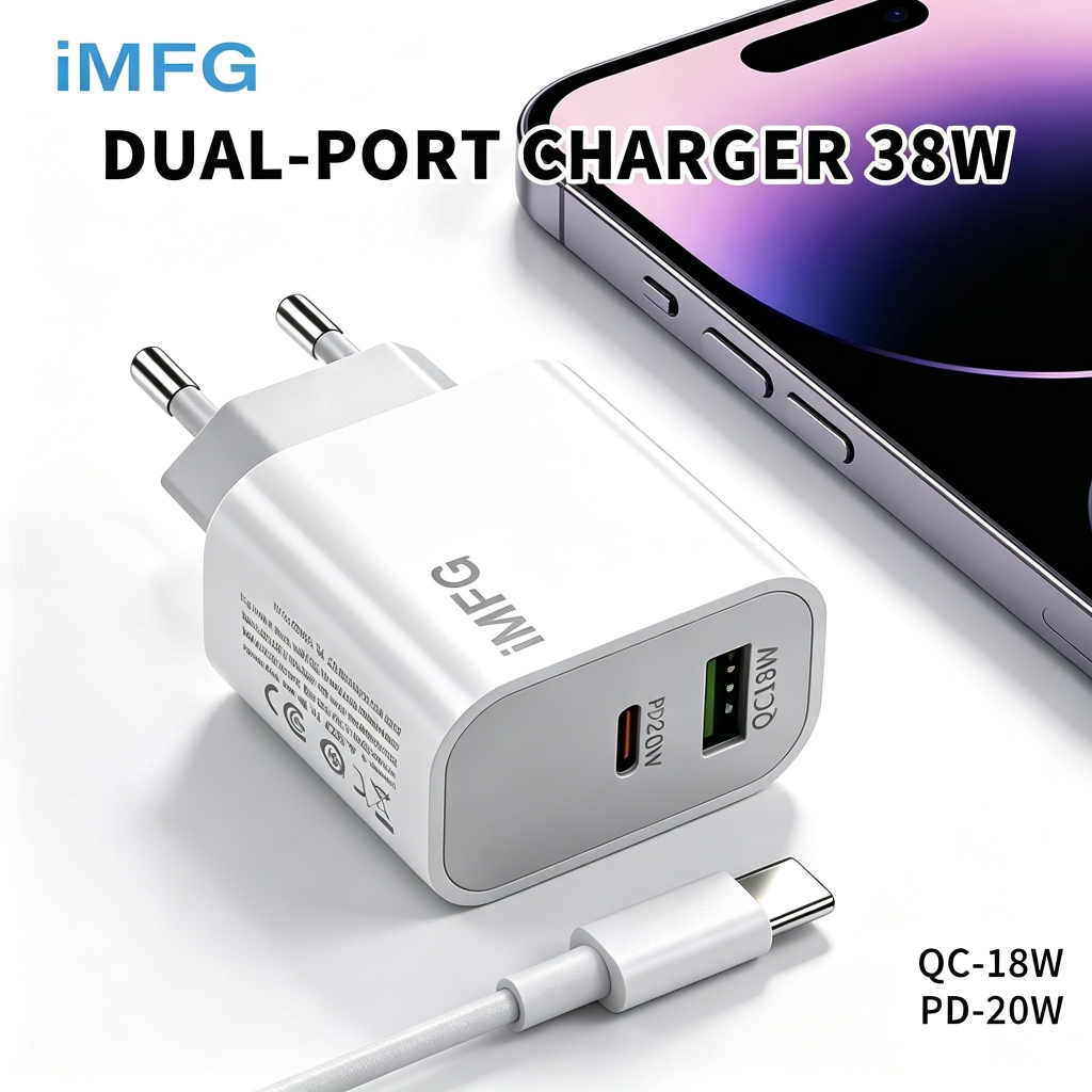 iMFG 38W Fast Charger Adapter, Dual-Port - USB-A QC 18W + USB-C PD 20W, Quick Charging Wall Charger for iPhone/Samsung/Xiaomi/Vivo/iQOO