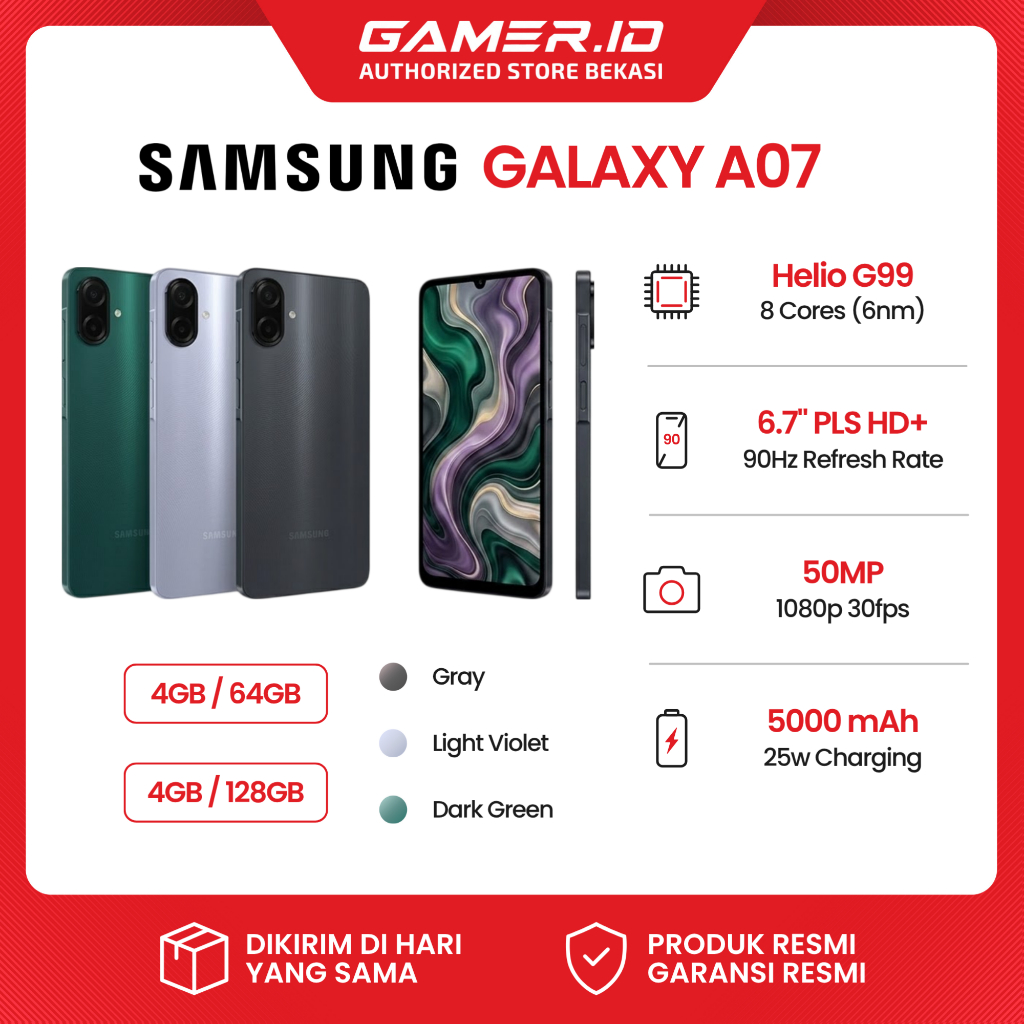 Samsung Galaxy A07 4GB 6GB 8GB RAM 64GB 128GB 256GB Helio G99 90Hz (Free Charger) Garansi Resmi SEIN