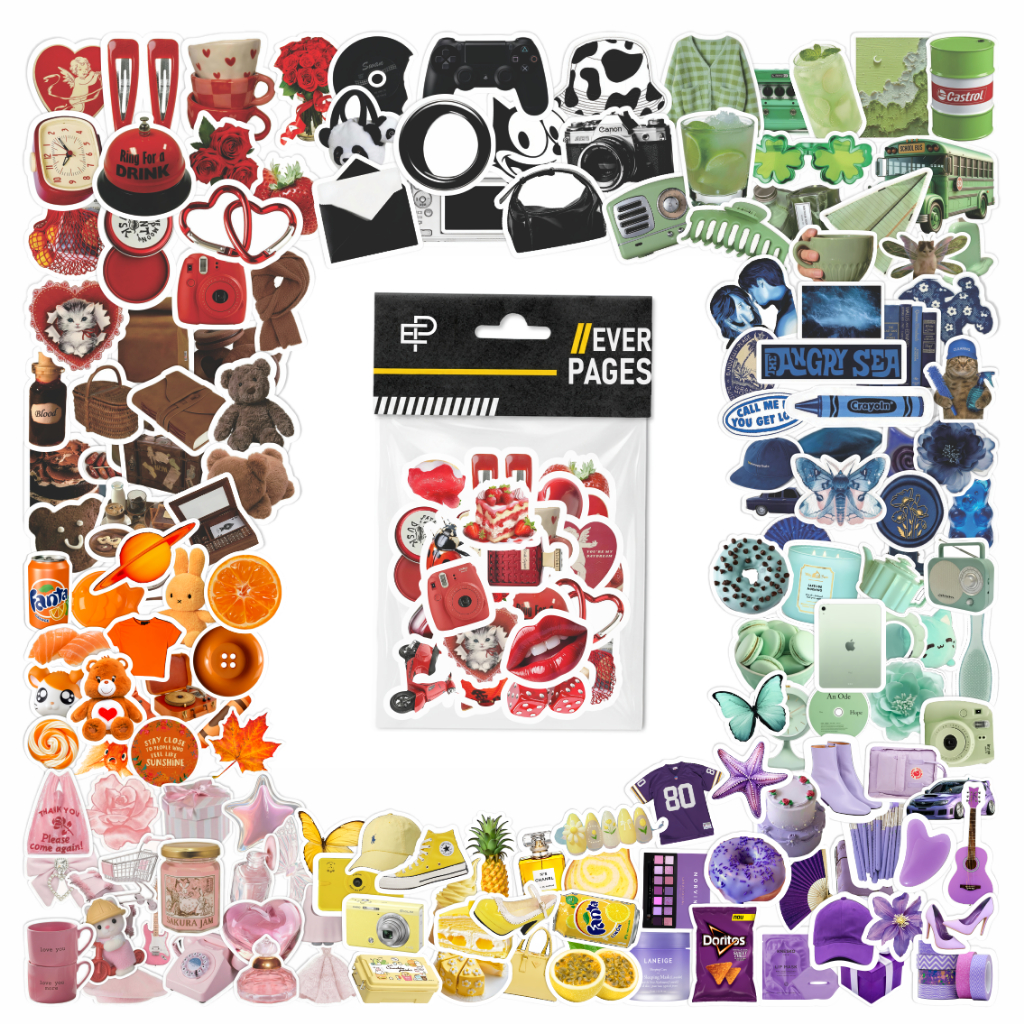 Jual 100 Sticker Pack Colorful Aesthetic (Red, Brown, Green, Silver ...