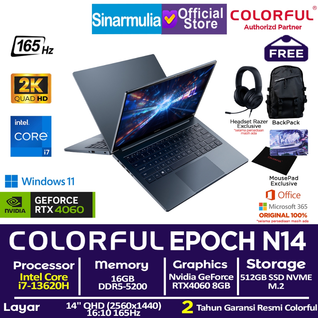 Laptop Gaming COLORFUL EPOCH N14 i7-13620H RTX4060 512GB SSD 16GB 2K QHD 165Hz Win11