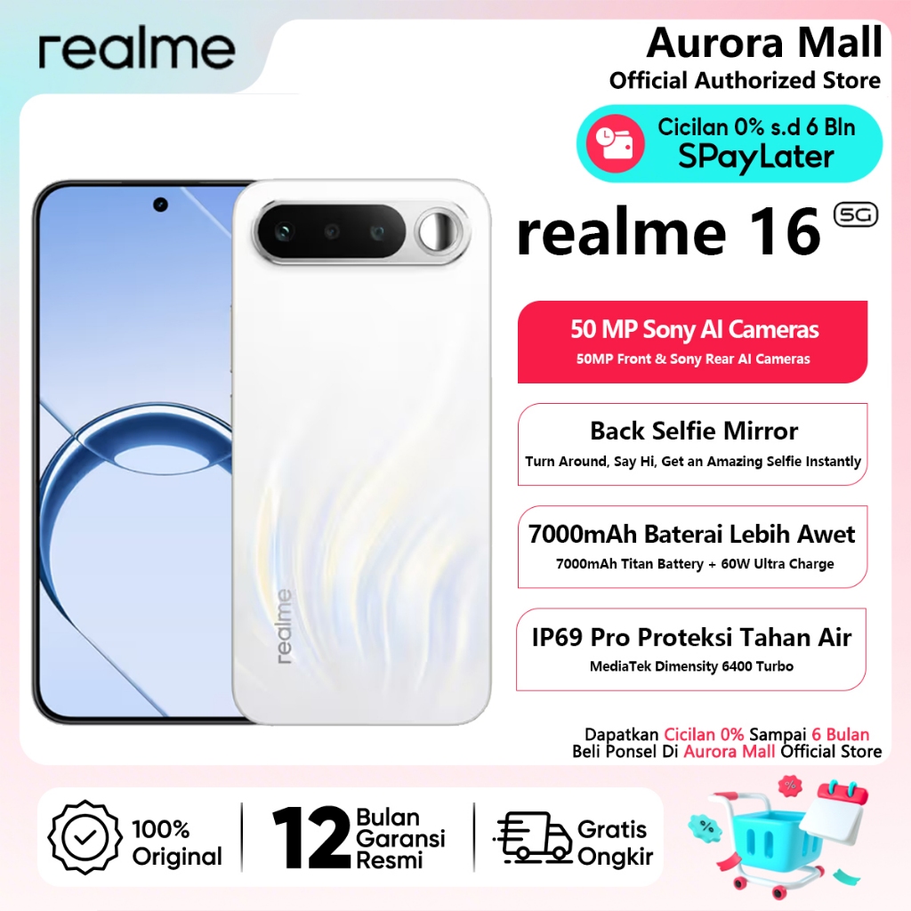 realme 16 5G 8/256GB 12/256GB 50MP Front & Sony Rear AI Cameras 100% 0riginal Garansi Resmi