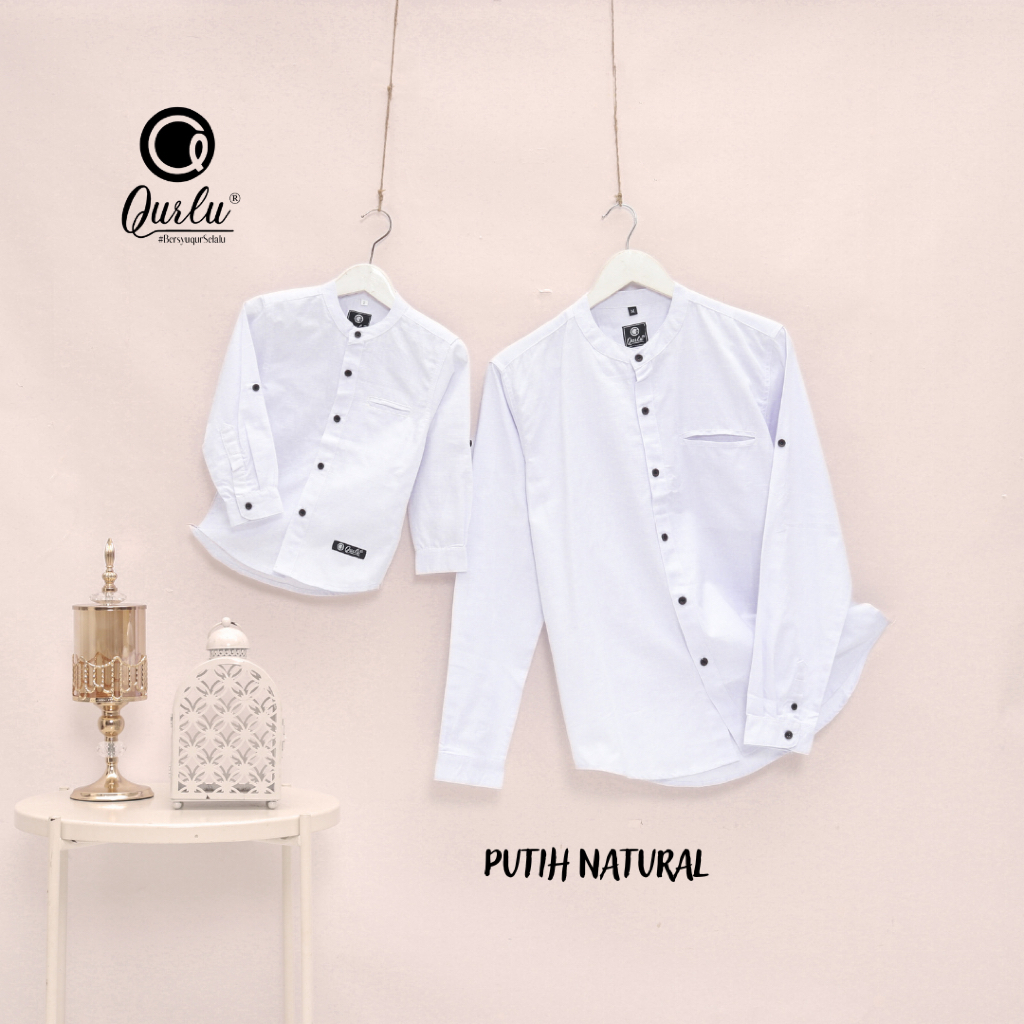 Qurlu - Kemeja Koko Dewasa/Anak warna PUTIH NATURAL LENGAN PANJANG baju couple ayah anak lengan pendek dan panjang PREMIUM Baju Koko Pria