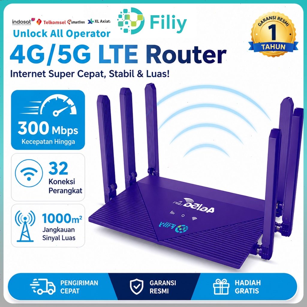 Filiy Modem Wifi 4G 5G LTE Router WiFi 6 All Operator Unlock 6 Antena 300Mbps Support 32 Device Untuk Semua