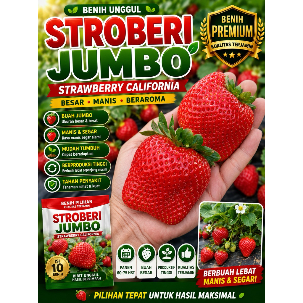 PAKET isi 10 Benih Stroberi Jumbo Strowbery California Besar Bibit Buah Strawberry Giant Berry Unggul -ROSEBUNGA