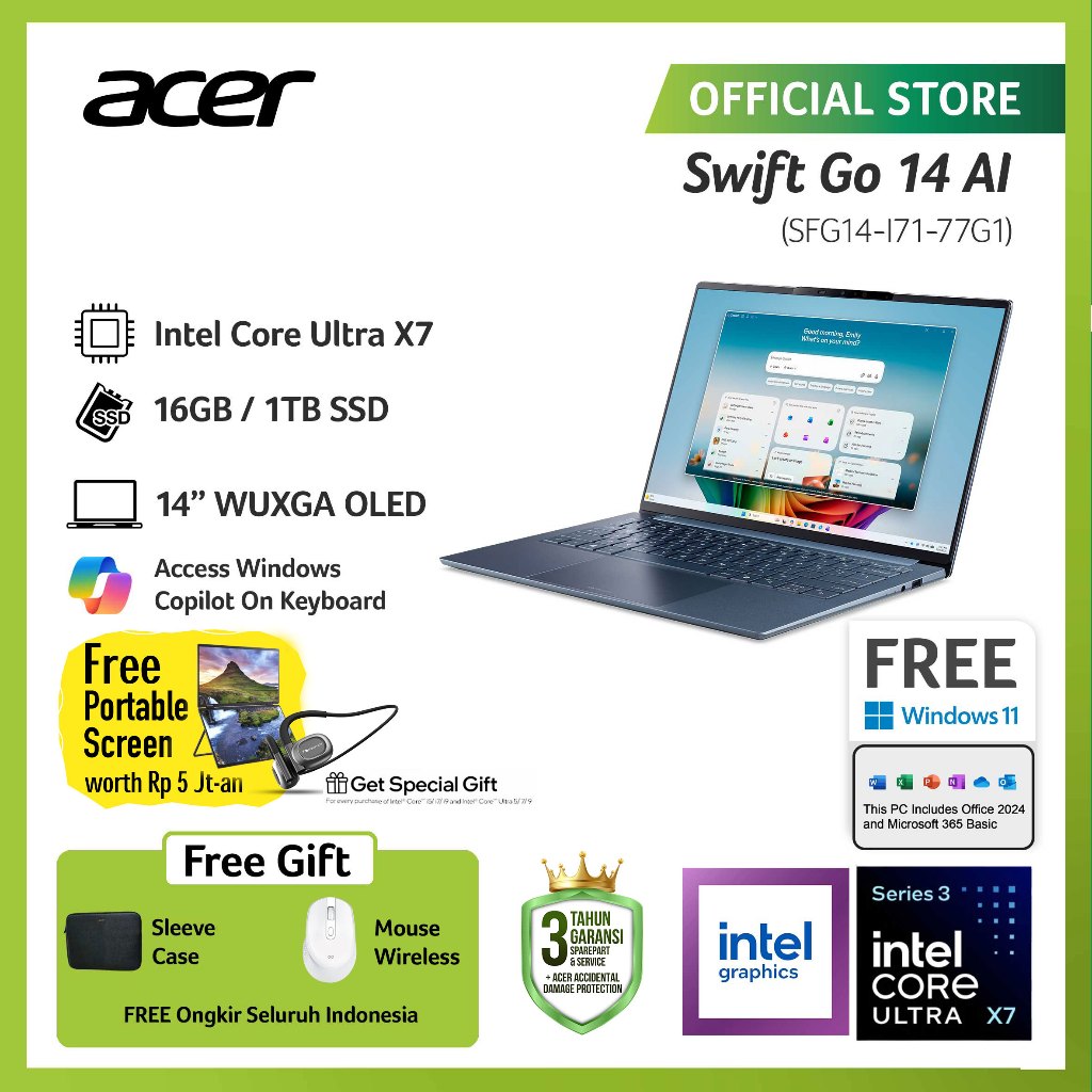 Jual (FREE PORTABLE SCREEN, TWS & MOUSE) ACER LAPTOP SWIFT GO 14 AI ...